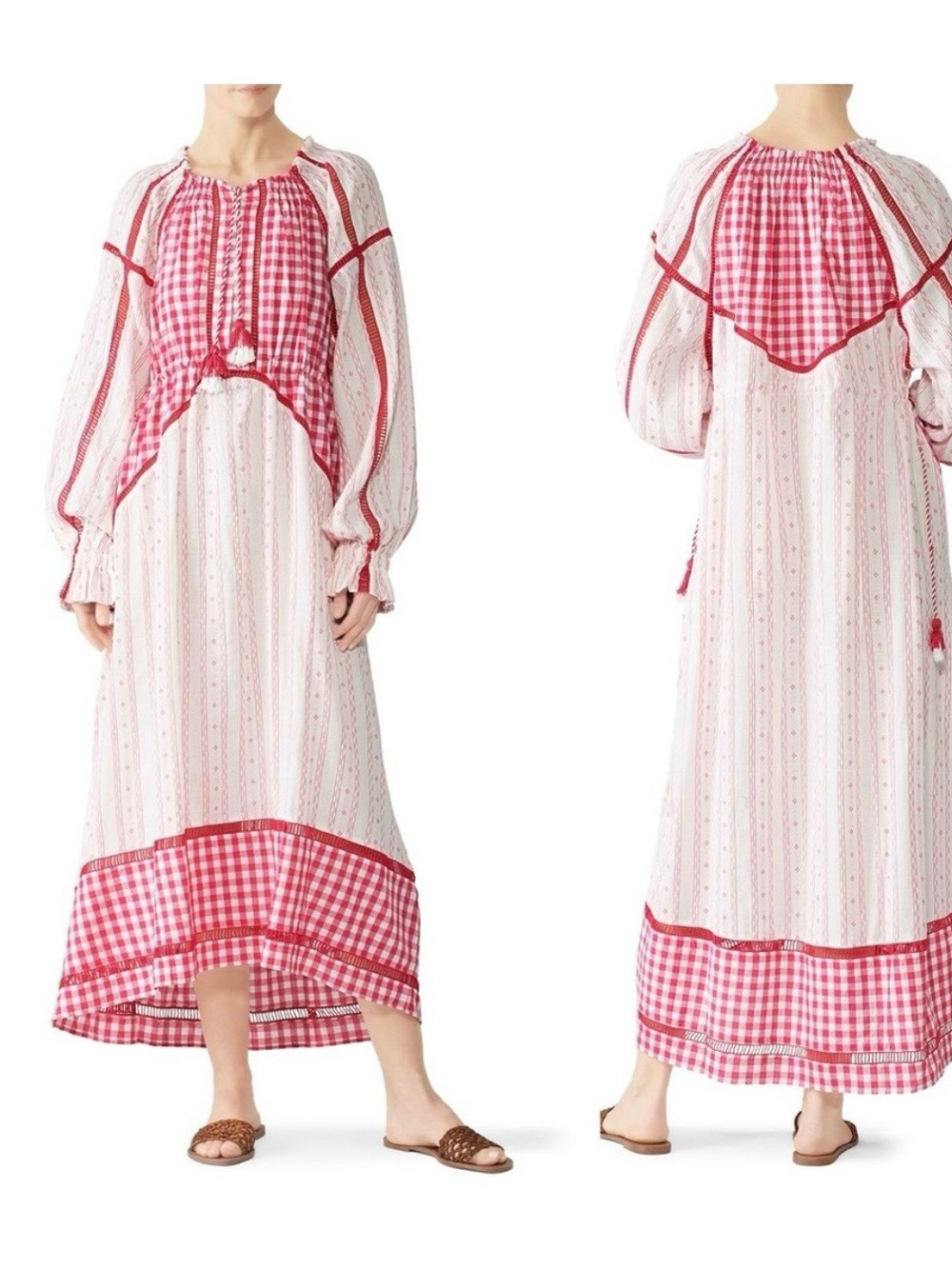 Dodo Bar Or Regina Gingham Maxi Dress Medium M Pink White Oversized Bohemian GUC